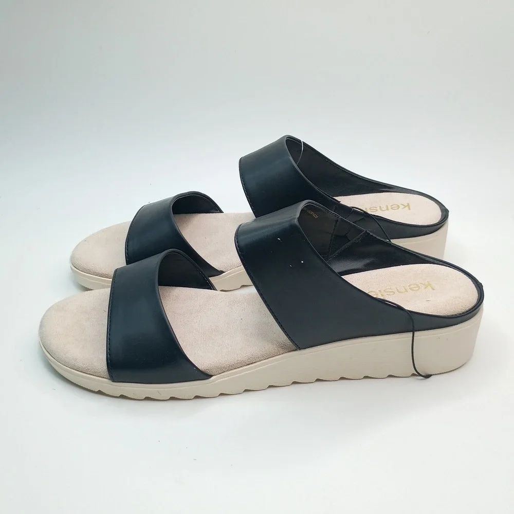 Kensie Endy Comfort Slide Women Size 7 Black Faux Leather Wedge Sandal KS261620